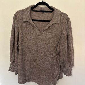 Adrienne Vittadini Taupe V-Neck Collared Sweater